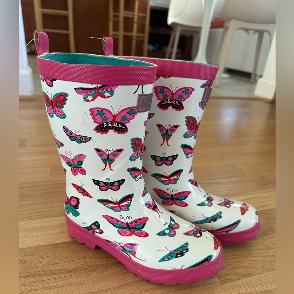 Hatley White Kids Butterfly Rain Boots with Pink Trim